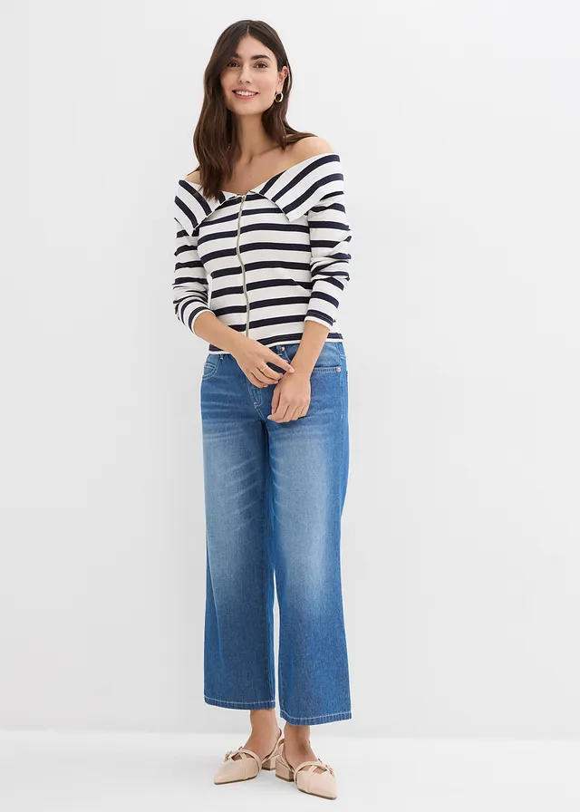 Jean droit taille mi-haute et élastiquée, raccourci • bleu denim - used • product-page.page-title-suffix