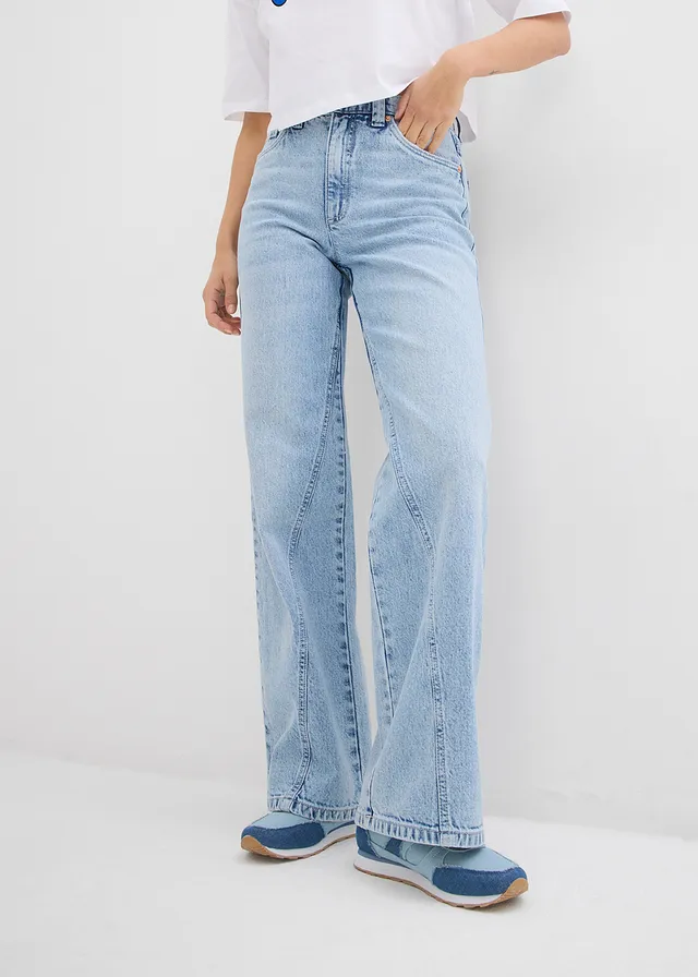 Wide leg jeans, high waist, low stretch, Kleur: ijsblauw denim used
