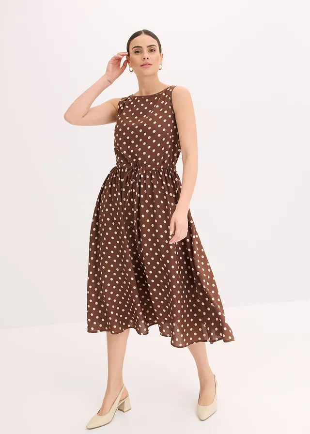 Midi jurk met strikceintuur • lichtbruin/sandbeige gestippeld • product-page.page-title-suffix