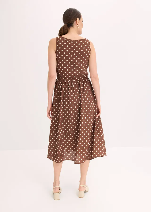 Midi jurk met strikceintuur, Kleur: lichtbruin/sandbeige gestippeld