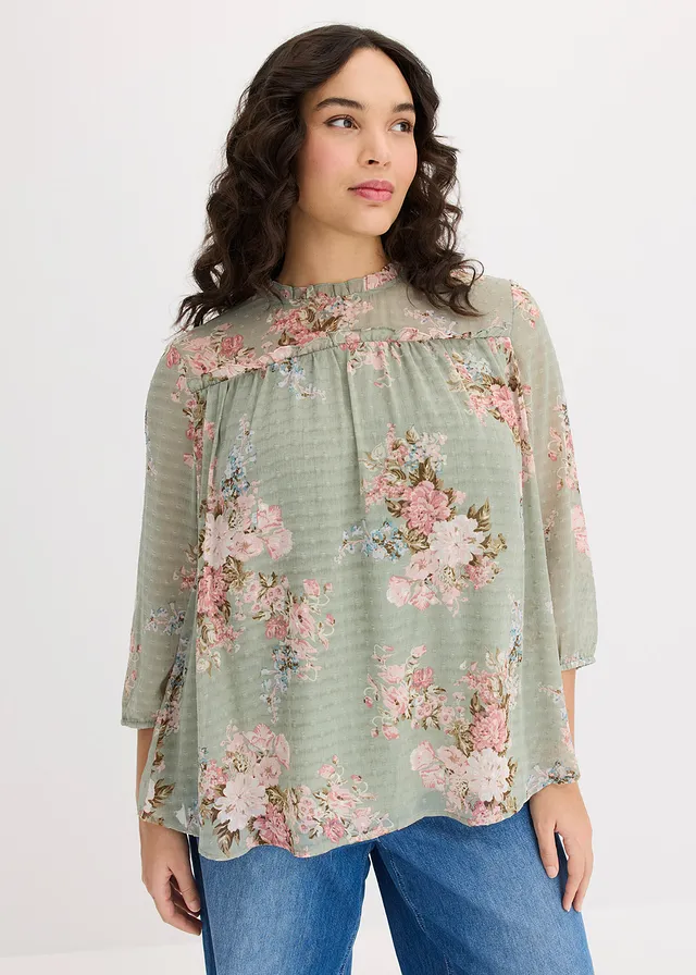 Chiffon tuniek bedrukt, Kleur: lichtrietgroen gebloemd