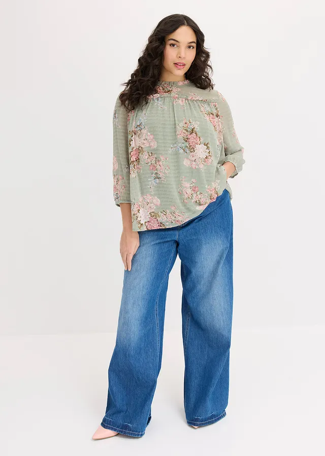 Chiffon tuniek bedrukt, Kleur: lichtrietgroen gebloemd