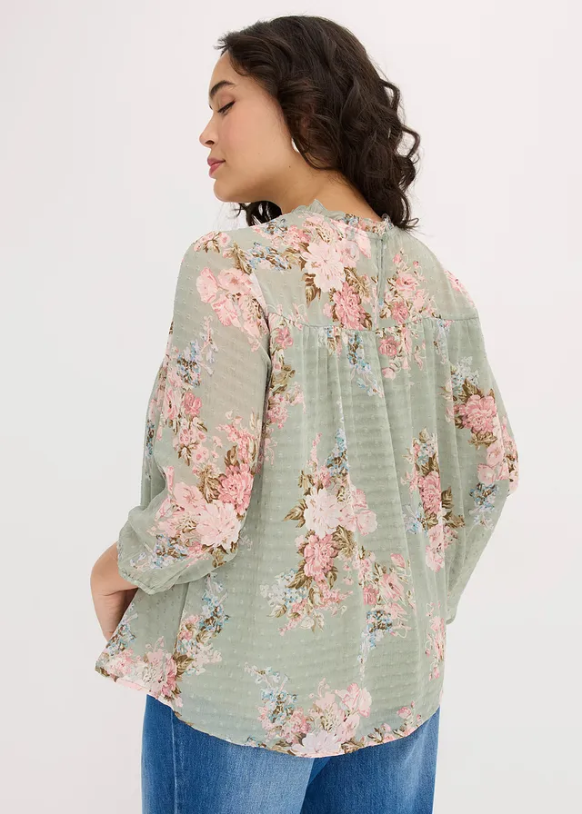 Chiffon tuniek bedrukt, Kleur: lichtrietgroen gebloemd