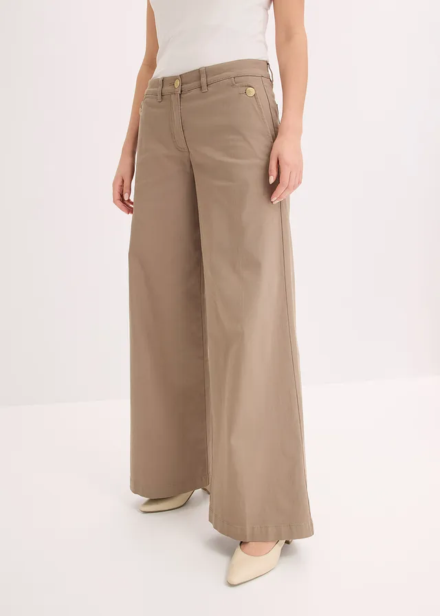 Wide leg broek met stretch, Kleur: lichtolijfgroen