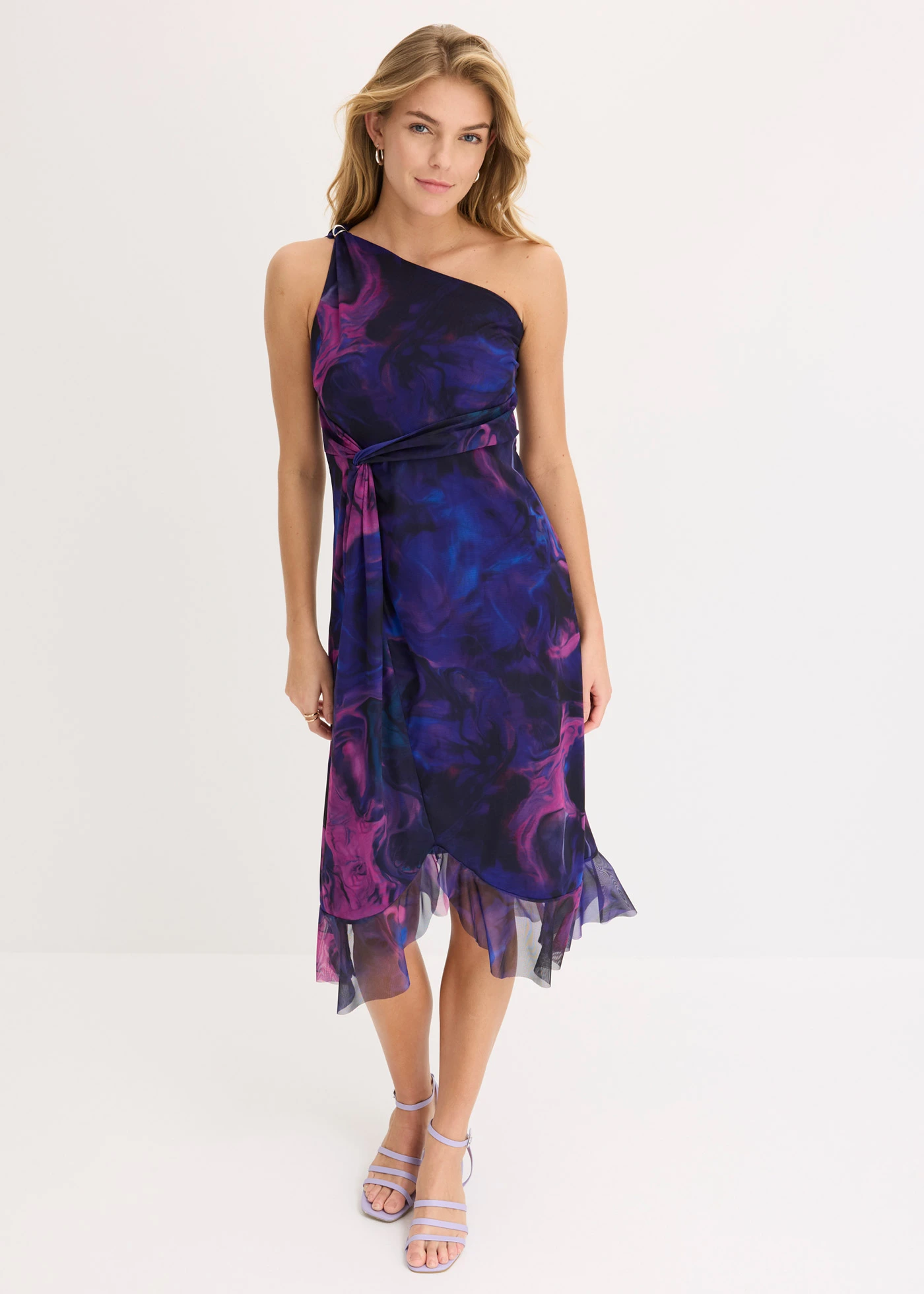 Aansluitende one shoulder jurk • donkerblauw-roze • bonprix online shop