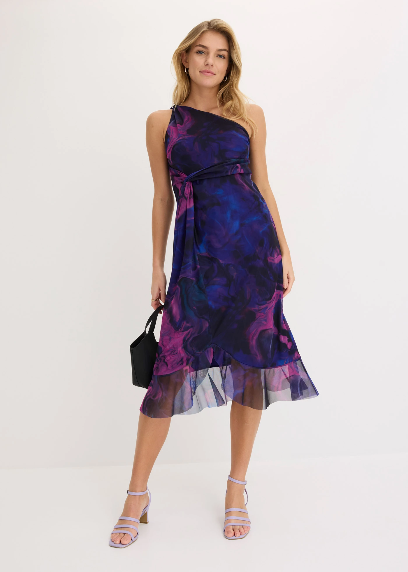 Aansluitende one shoulder jurk • donkerblauw-roze • bonprix online shop