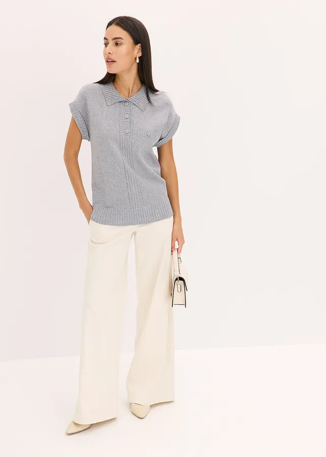 Pull col polo en coton mélangé, Couleur: bleu fumé chiné