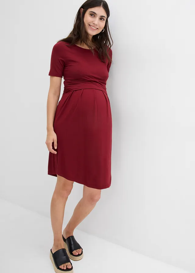 2-in-1 viscose zwangerschapsjurk met discrete borstvoedingsfunctie, Kleur: granaatappel