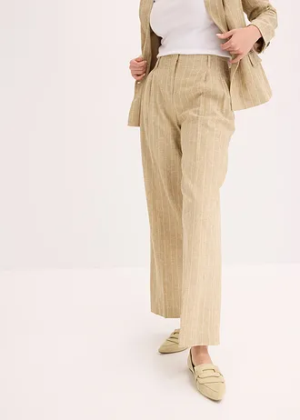 Spodnie z zakładkami, z domieszką lnu • jasnooliwkowy-kremowy w paski • sklep bonprix