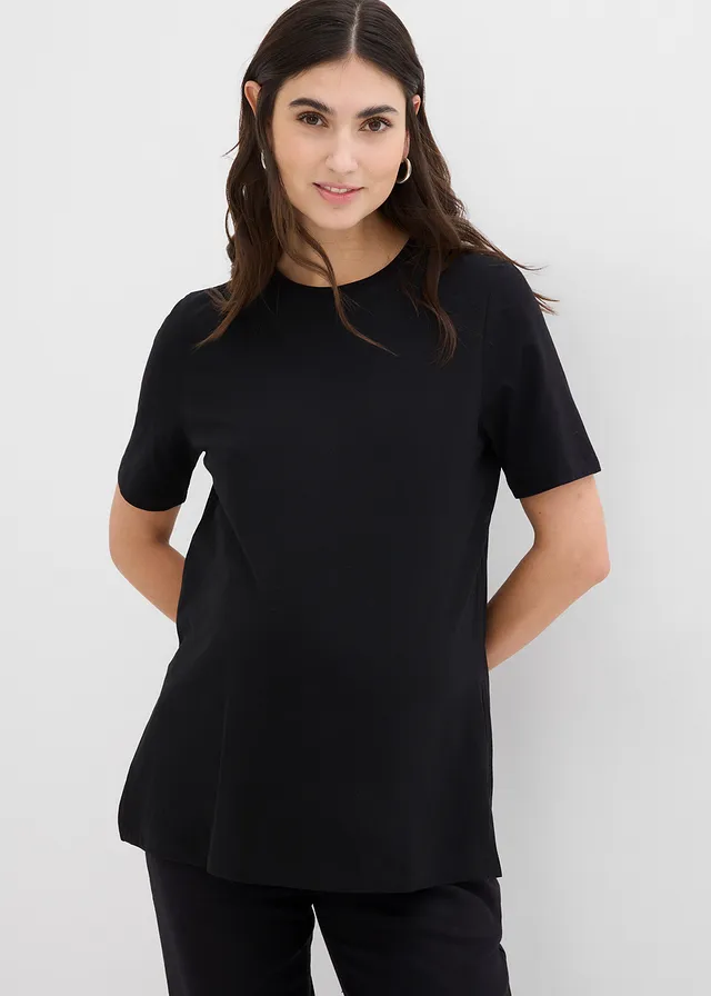 2-in-1 zwangerschaps- en borstvoedingsshirt van biologisch katoen met zijsplitten, Kleur: zwart