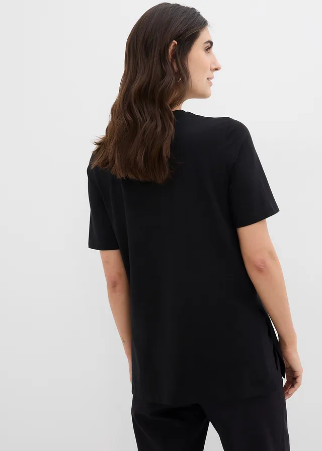 2-in-1 zwangerschaps- en borstvoedingsshirt van biologisch katoen met zijsplitten, Kleur: zwart