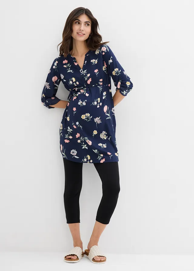 Gebloemde zwangerschapsjurk van viscose, Kleur: donkerblauw-meerkleurig gebloemd