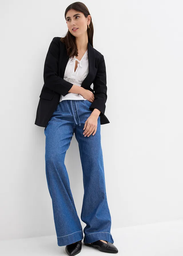 Wide leg jeans, mid waist met comfortband, Kleur: blue stone used
