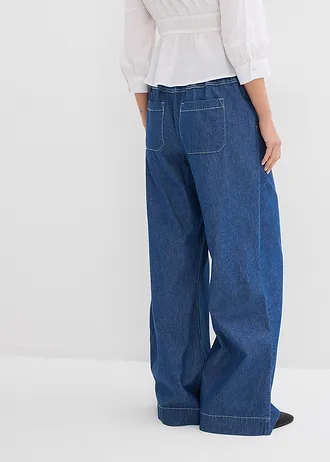 Wide leg jeans, mid waist met comfortband, Kleur: blue stone used