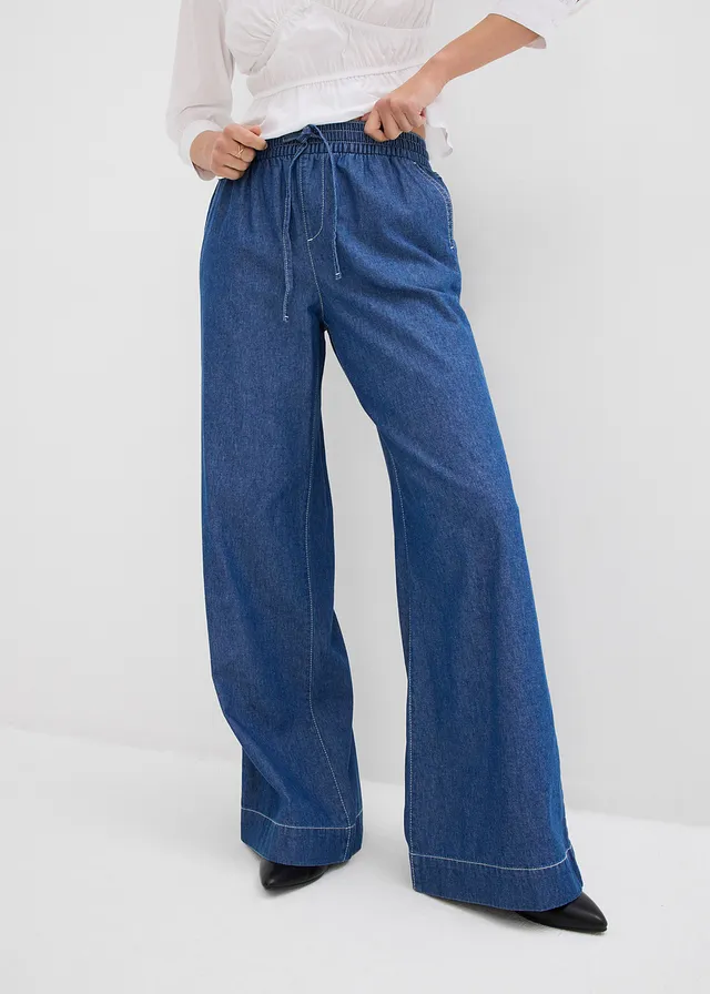 Wide leg jeans, mid waist met comfortband, Kleur: blue stone used