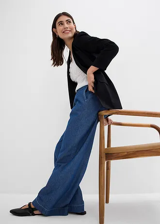 Dżinsy Wide Leg, mid waist, wygodny pasek • niebieski "stone used" • sklep bonprix