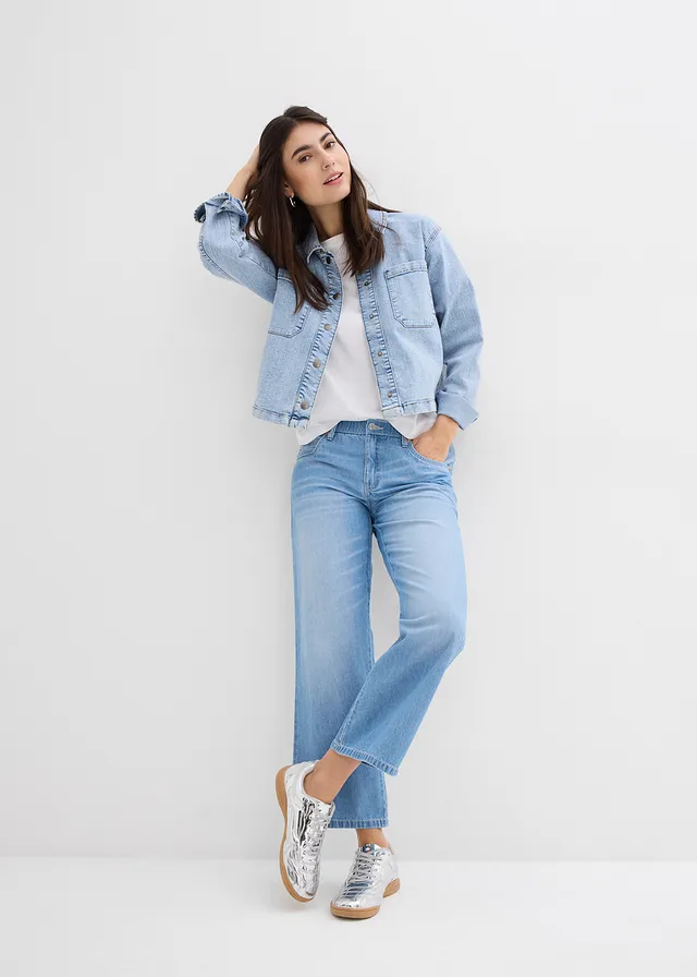 Straight jeans mid waist, low stretch cropped, Kleur: ijsblauw denim used