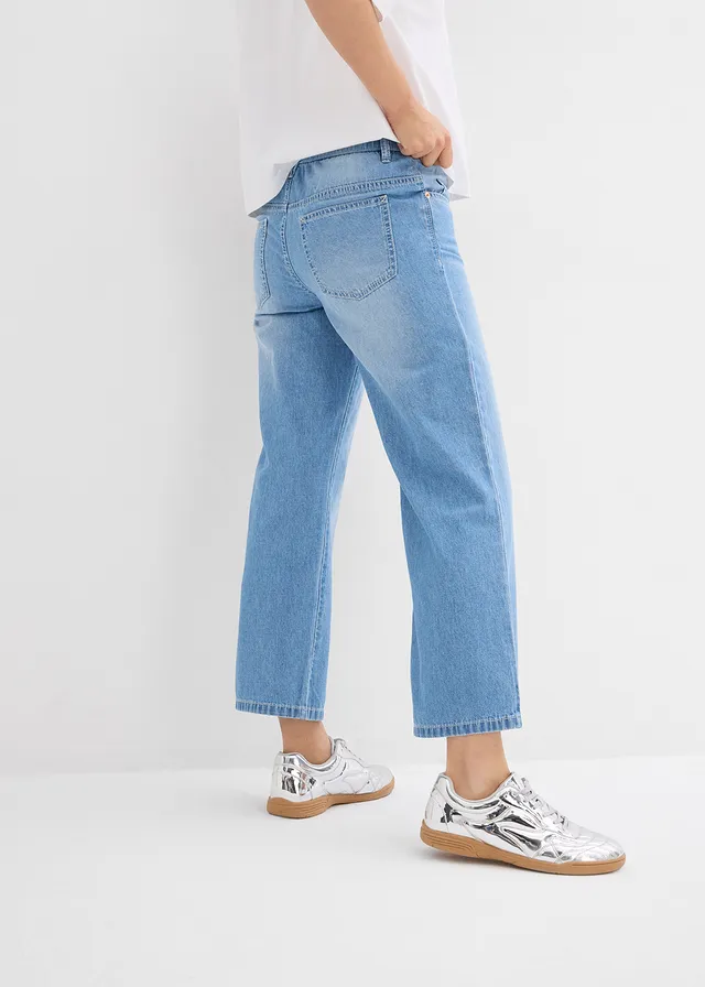 Straight jeans mid waist, low stretch cropped, Kleur: ijsblauw denim used