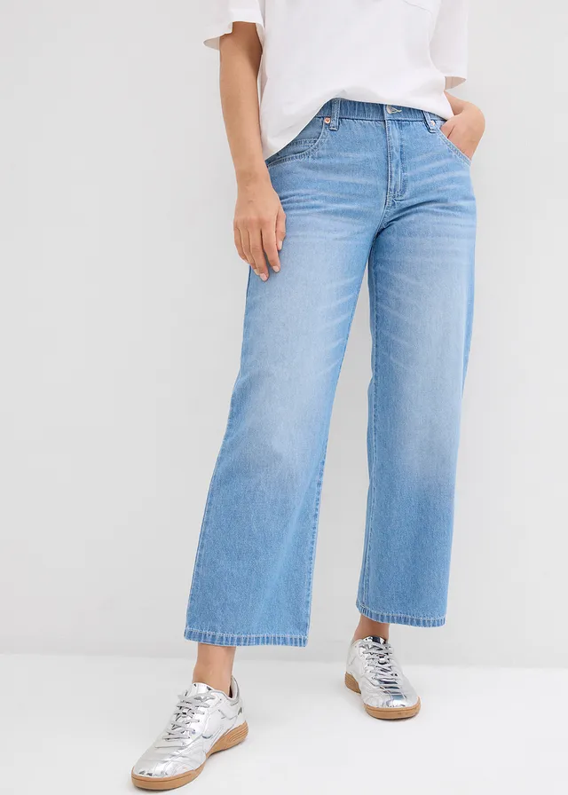 Jean droit taille mi-haute et élastiquée, raccourci • bleu glacier denim used • product-page.page-title-suffix