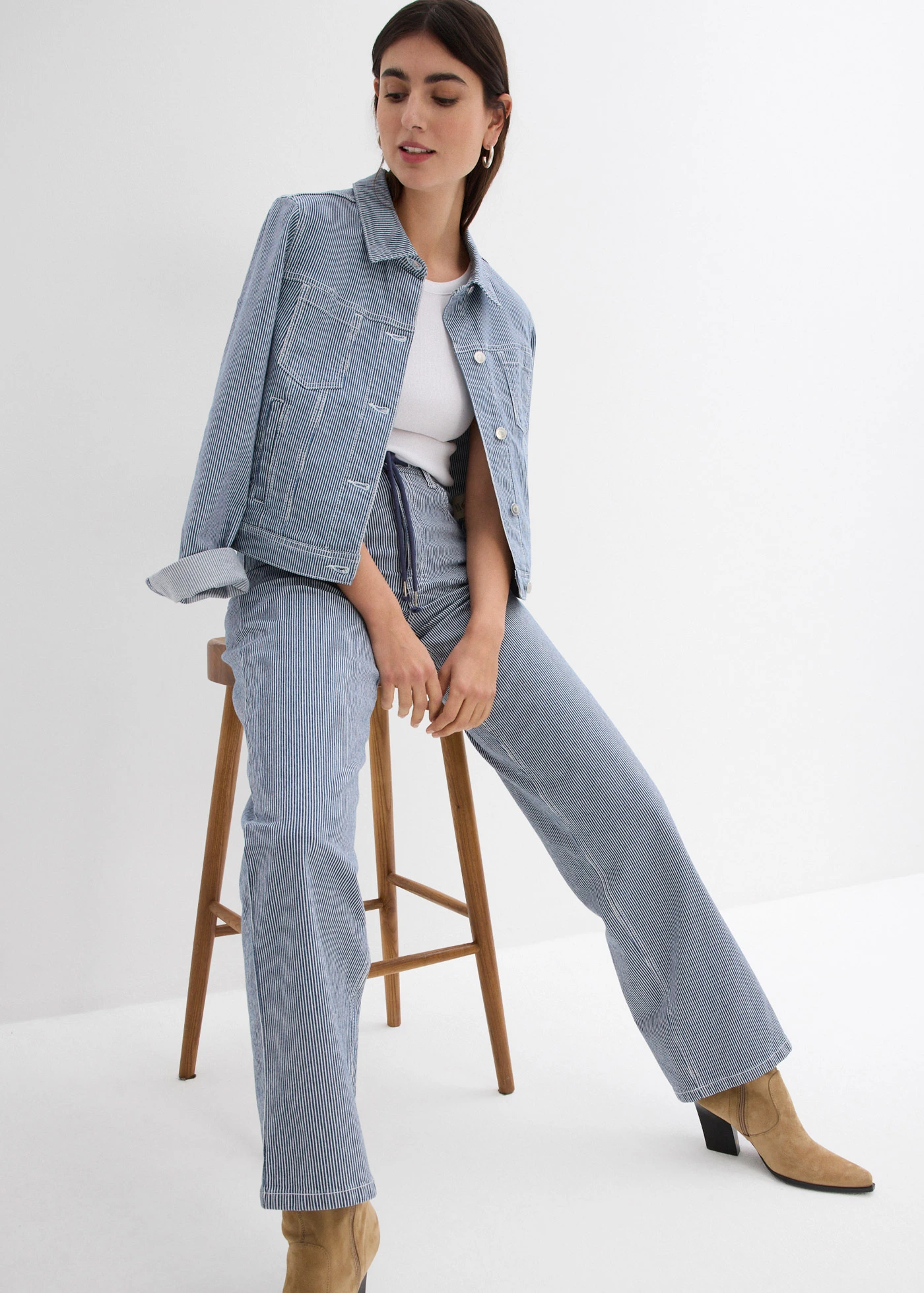 Jean droit et loose à rayures, taille haute • bleu rayé • Boutique bonprix