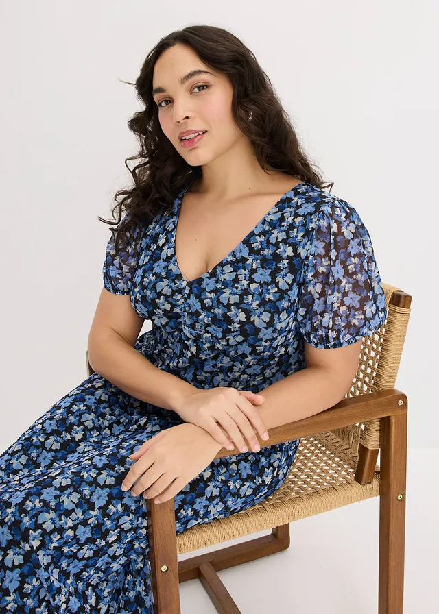 Gedessineerde midi-jurk van mesh, Kleur: blauw gebloemd
