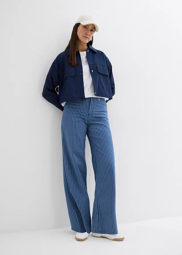 Pantalon en twill 100% coton, Couleur: indigo clair rayé