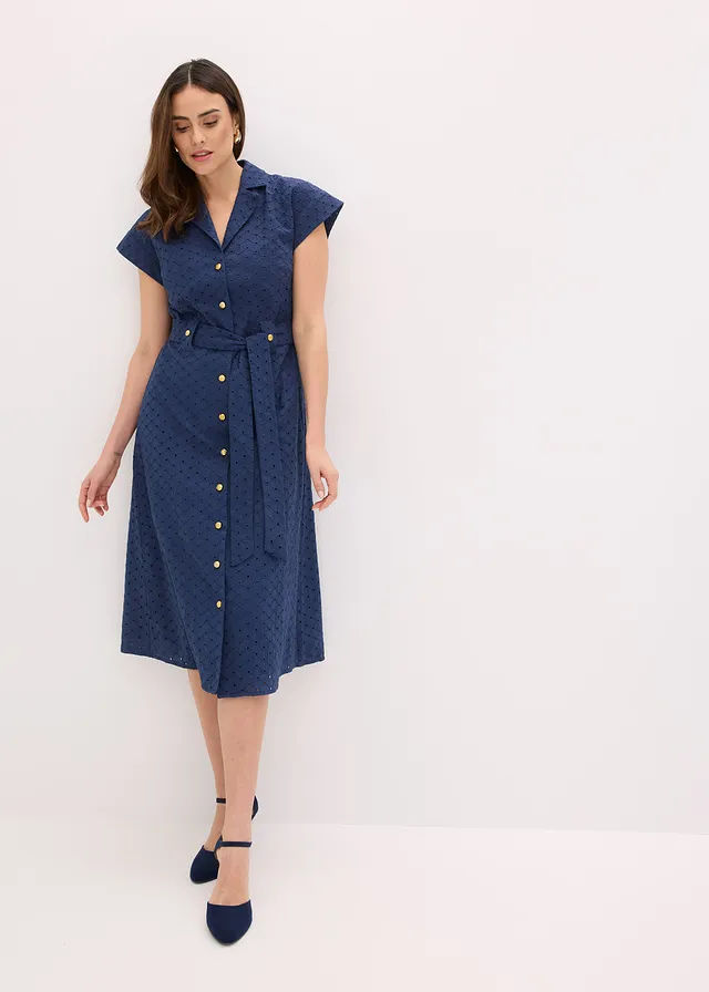 Overhemdjurk met broderie anglaise • donkerblauw • bonprix online shop