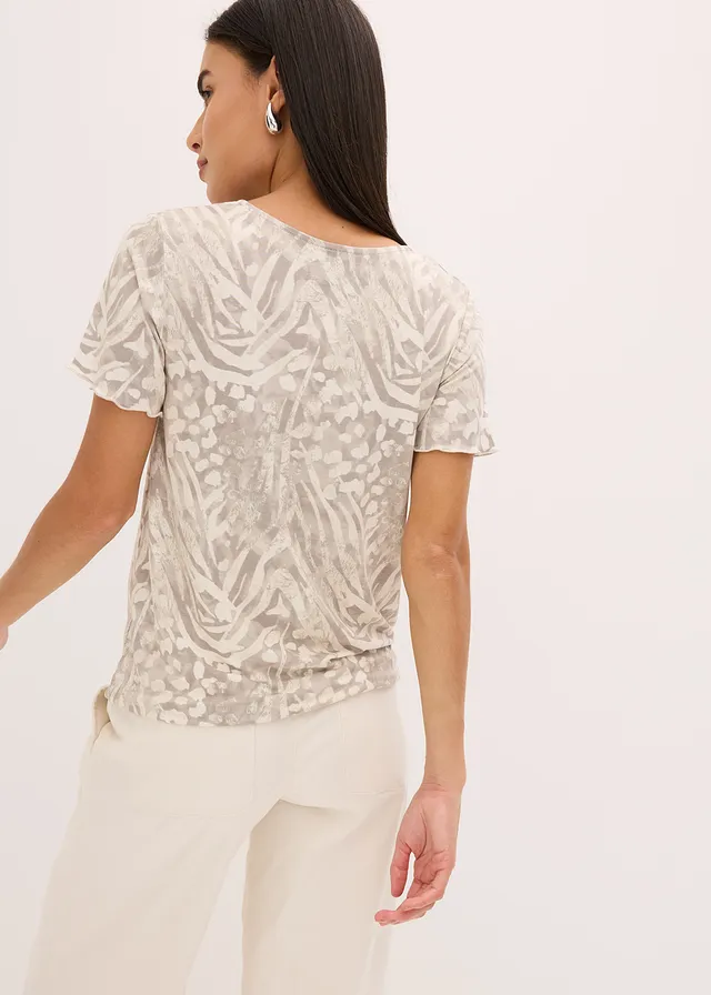Shirt met een elastisch band, Kleur: kiezelbeige luipaardprint