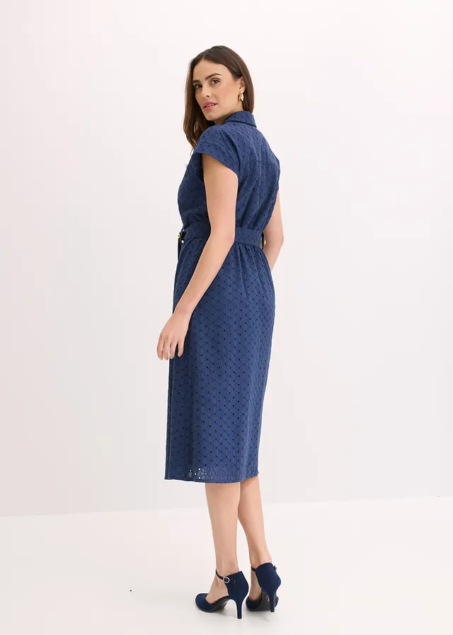 Robe-chemise en broderie anglaise, Couleur: bleu foncé
