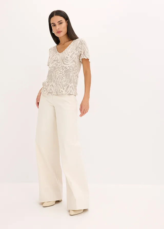T-shirt à base élastiquée, Couleur: beige galet léopard