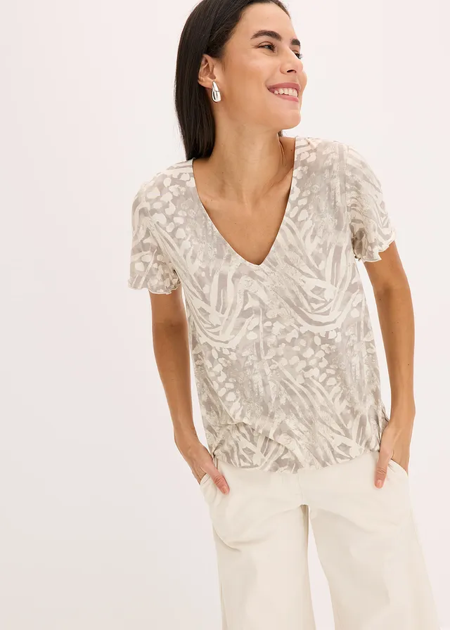 Shirt met een elastisch band, Kleur: kiezelbeige luipaardprint