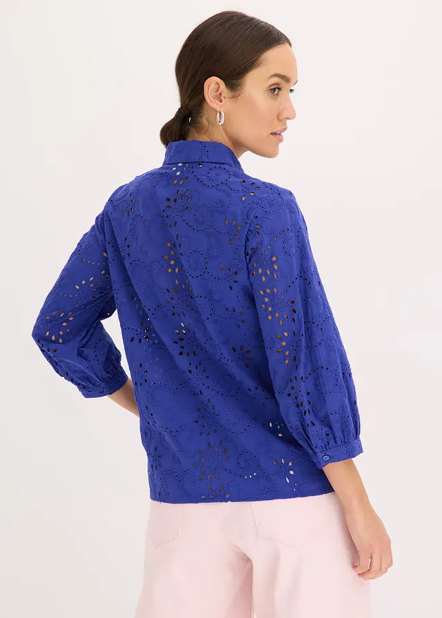 Chemisier en broderie anglaise, Couleur: bleu saphir
