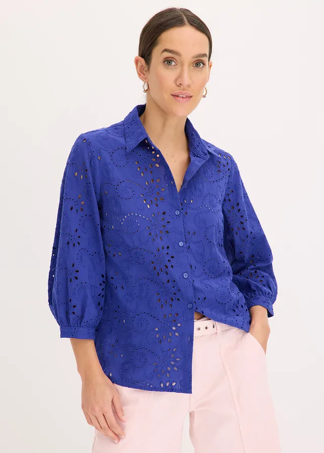 Chemisier en broderie anglaise, Couleur: bleu saphir
