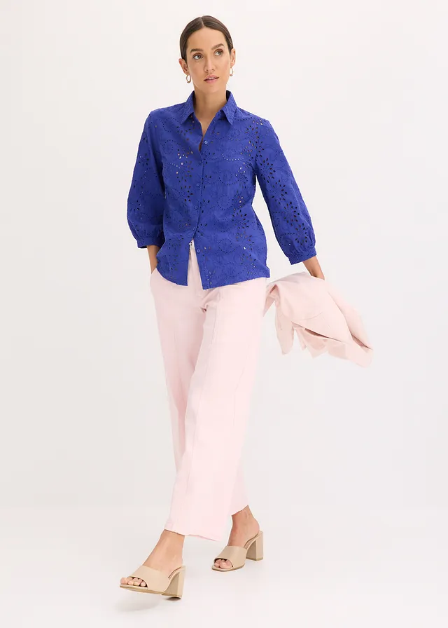 Blouse met broderie anglaise, Kleur: saffierblauw