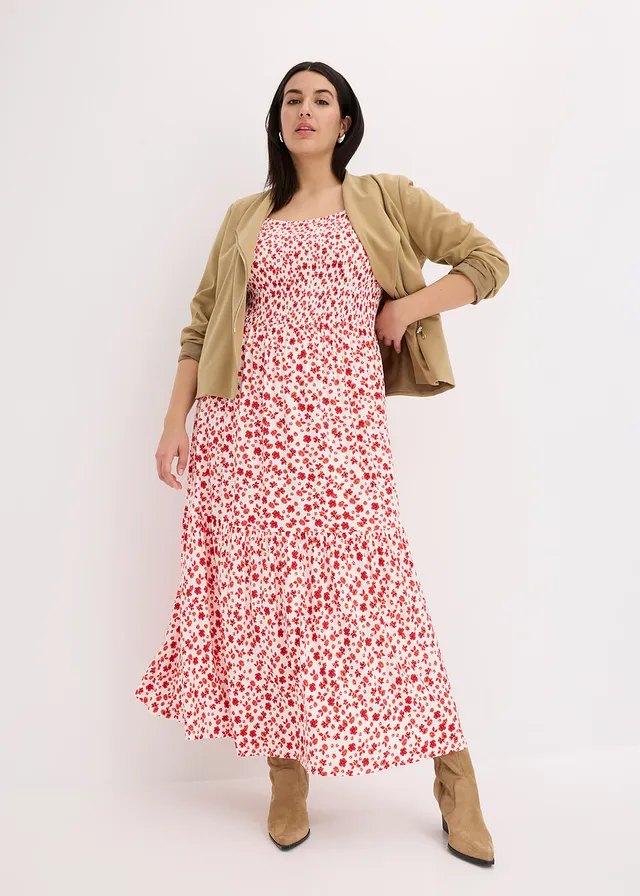 Robe longue en viscose extensible, Couleur: écru/fraise floral