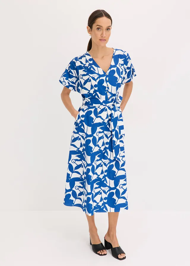Robe midi, Couleur: bleu arctique-écru floral