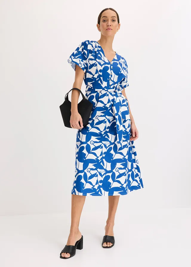Robe midi, Couleur: bleu arctique-écru floral