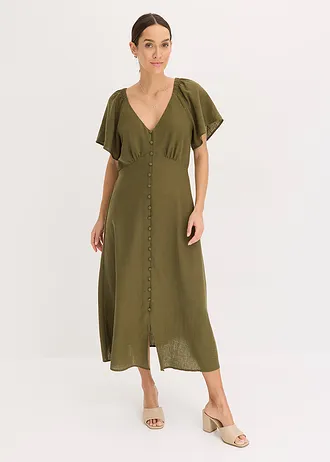 Midi jurk in linnen look • donkerolijfgroen • bonprix online shop
