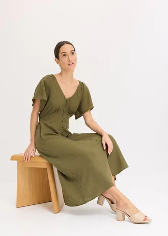 Midi jurk in linnen look • donkerolijfgroen • bonprix online shop