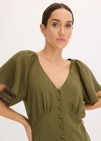 Midi jurk in linnen look • donkerolijfgroen • bonprix online shop