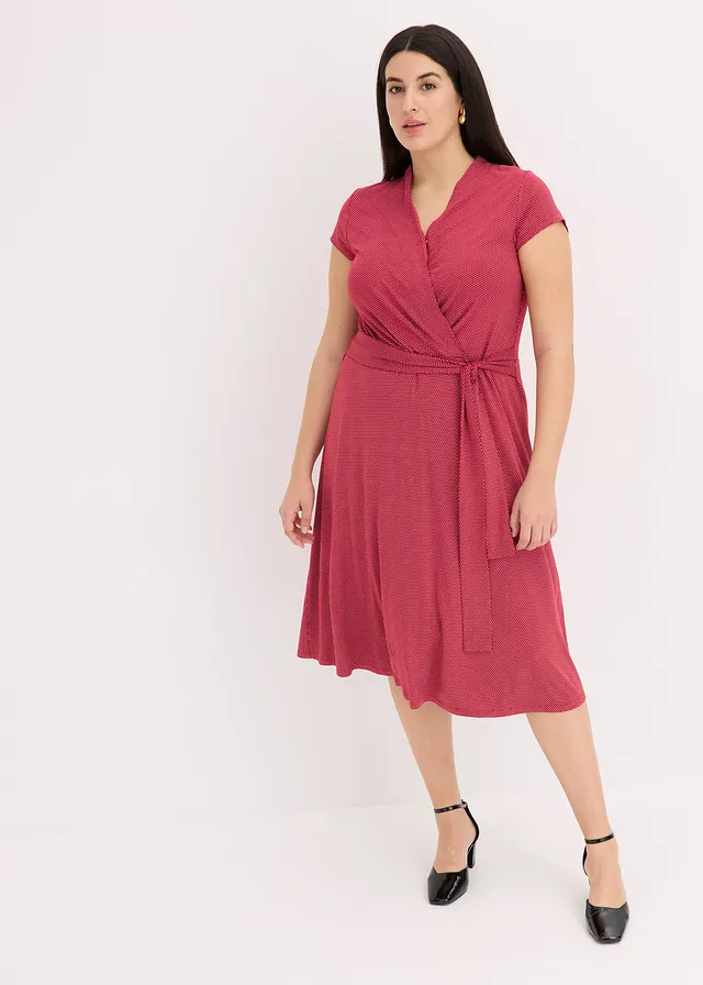 Robe midi en viscose extensible, Couleur: rouge carmin pois blanc