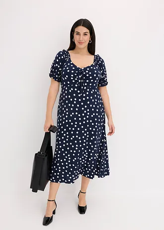 Robe midi en viscose extensible, Couleur: bleu foncé pois blanc