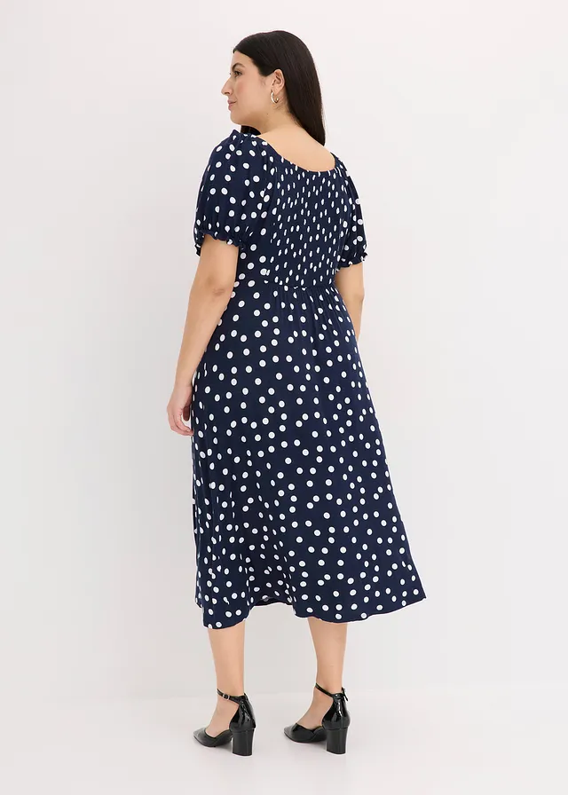Robe midi en viscose extensible, Couleur: bleu foncé pois blanc