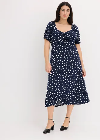 Robe midi en viscose extensible, Couleur: bleu foncé pois blanc