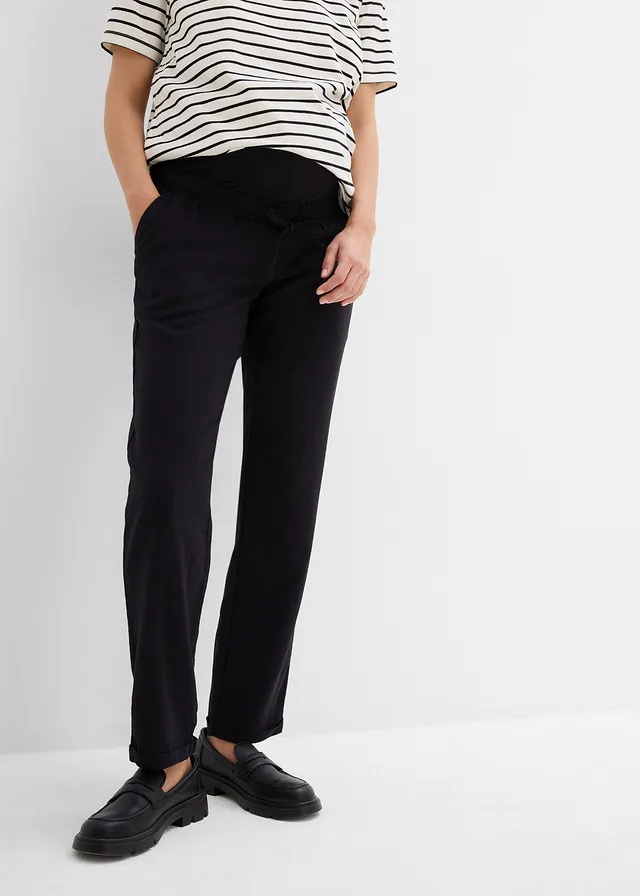 Zwangerschapsbroek met linnen, straight leg, Kleur: zwart