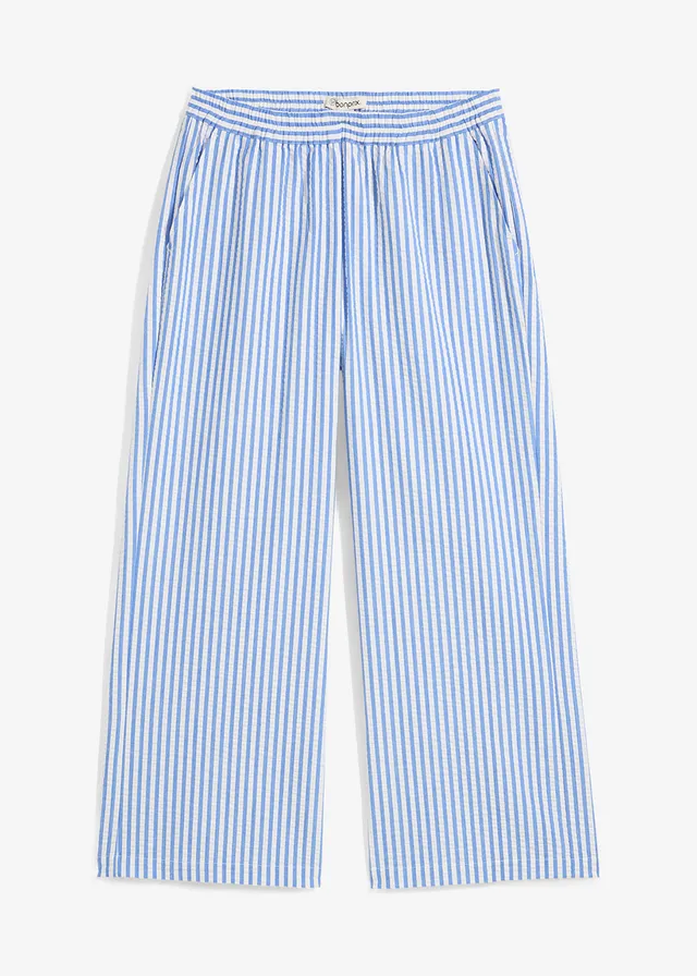 Pantalon palazzo en seersucker, longueur 7/8, Couleur: bleu glacier/écru