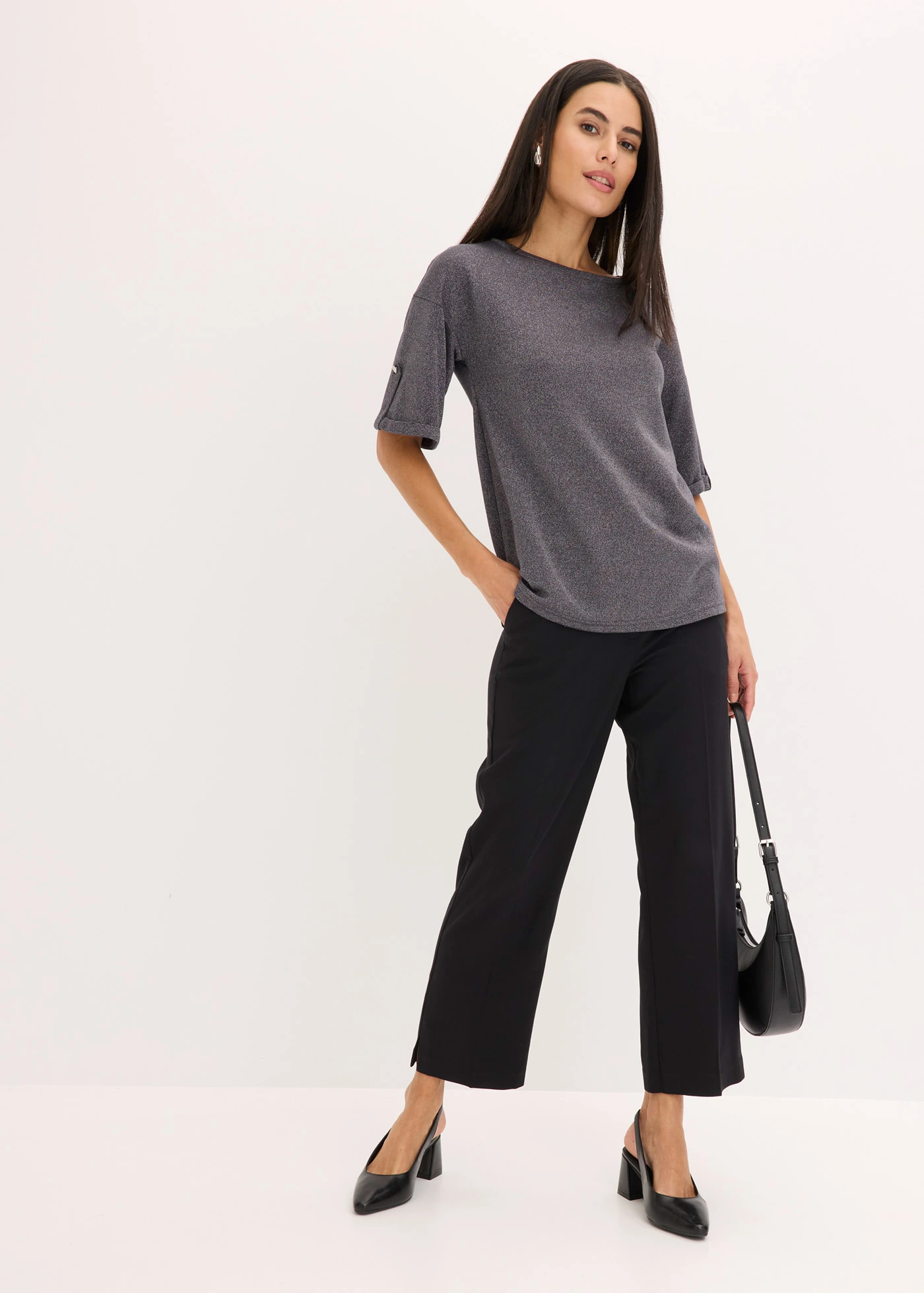 T-shirt z wiskozy z połyskującym  nadrukiem • szary łupkowy-srebrny metaliczny • sklep bonprix