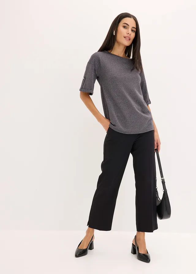 Shirt met viscose en glanzende print, Kleur: leisteengrijs-metallic zilver