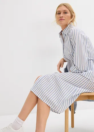 Jurk van katoen met een overhemdkraag • parelblauw-donkerblauw-wit gestreept • bonprix online shop