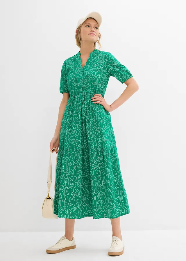 Robe midi ample, 100% coton, Couleur: vert menthe/écru imprimé